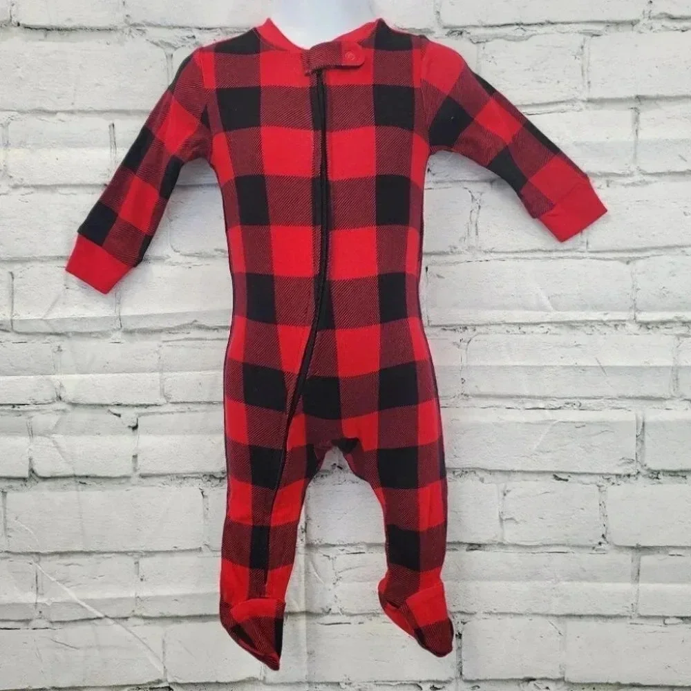 3-6 Month Baby Infant Red Buffalo Plaid Footed Onesie Christmas Holiday Winter